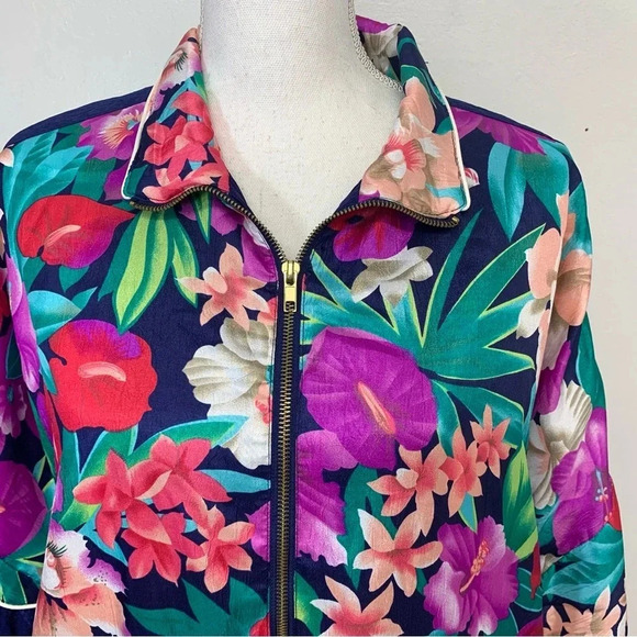 Womans Windbreaker Nylon Jacket XL  90s‎ Track Floral Colorful Full Zip Pockets - Picture 2 of 12